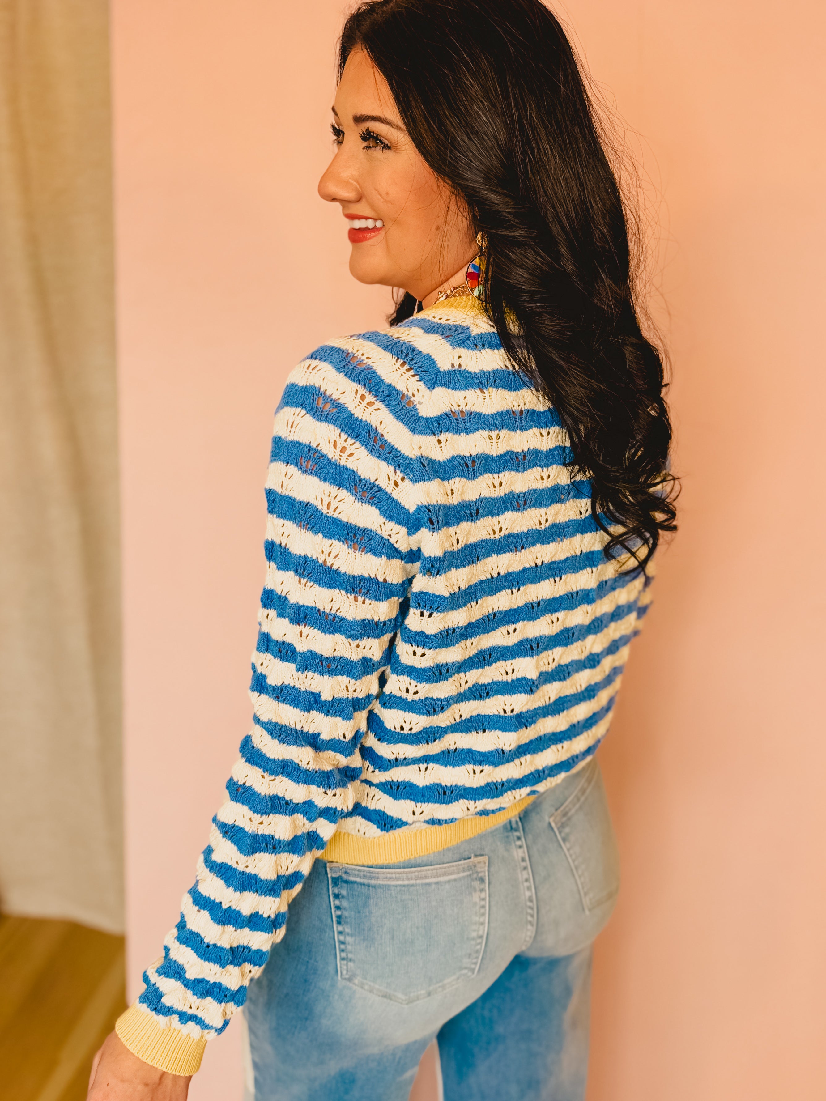 Wavy Striped Contrast Sweater Cardigan - Blue/White - Lace and Grace Boutique