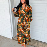 Smocked Floral Printed Long Sleeve Midi Dress - Green Multi