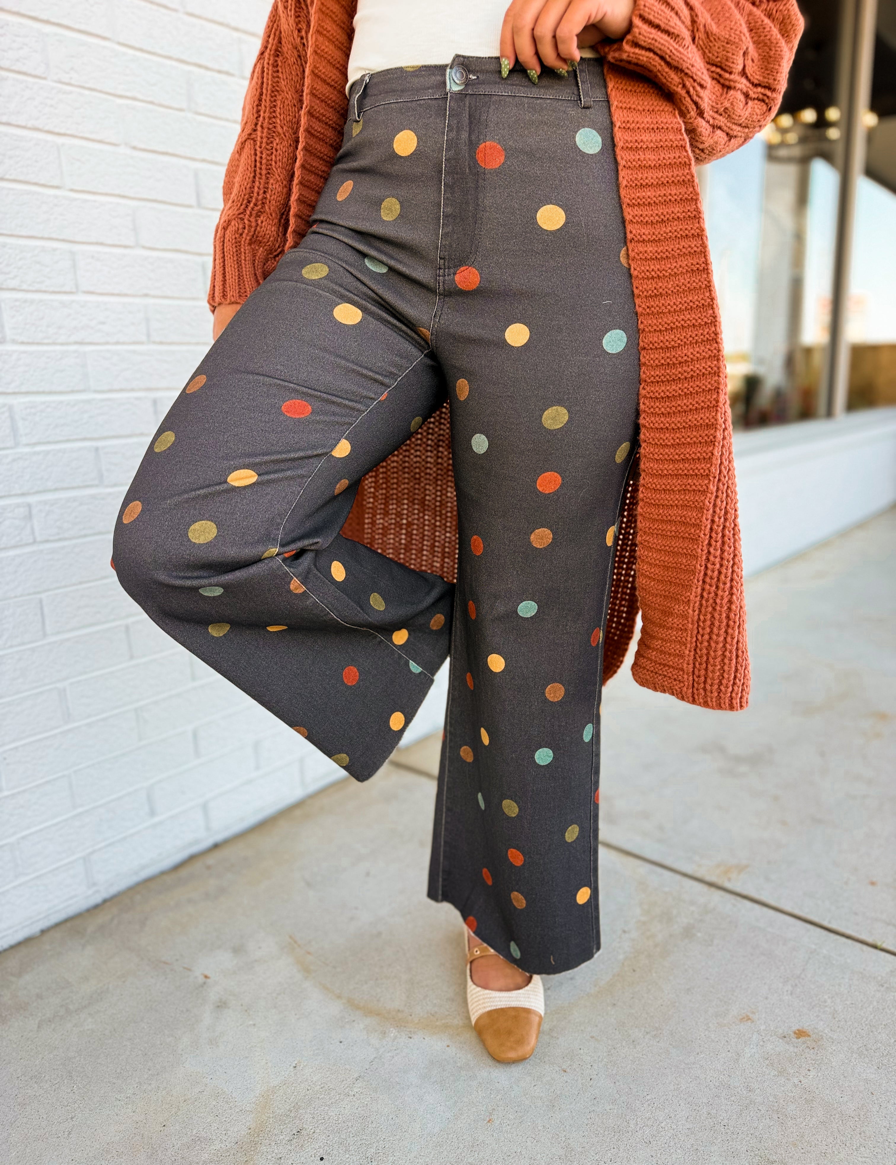 Pastel Polka Dot Cropped Wide Leg Jean - Charcoal Multi - Lace and Grace Boutique