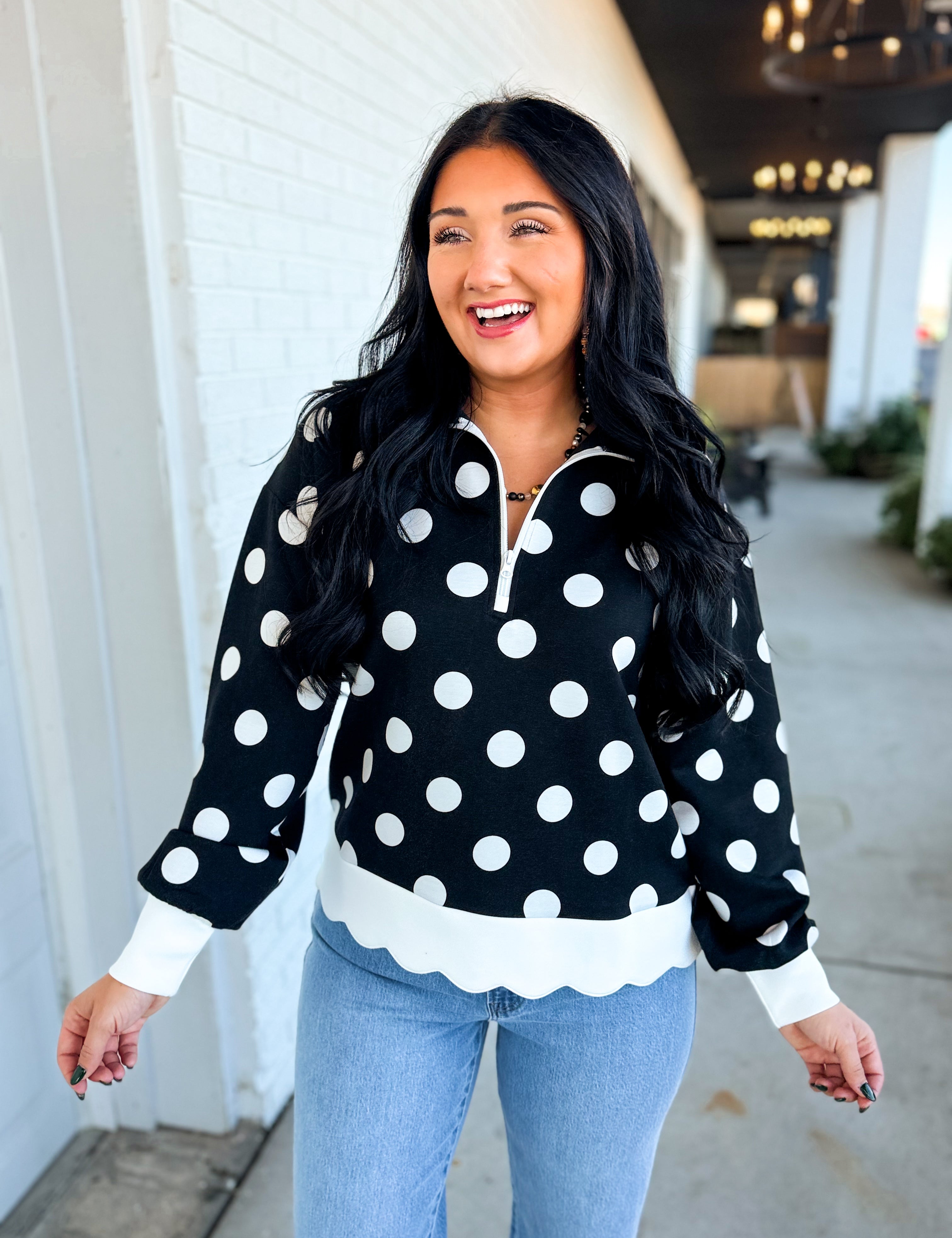 Simply Southern Polka Dot Quarter Zip Sweatshirt - Black - Lace and Grace Boutique
