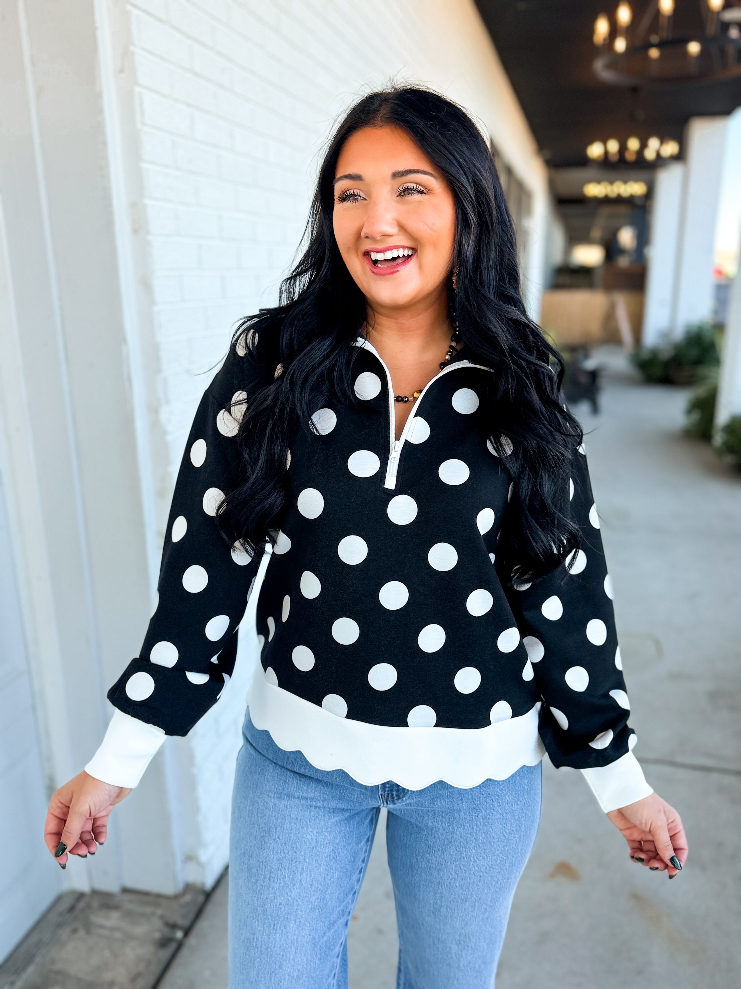Simply Southern Polka Dot Quarter Zip Sweatshirt - Black - Lace and Grace Boutique