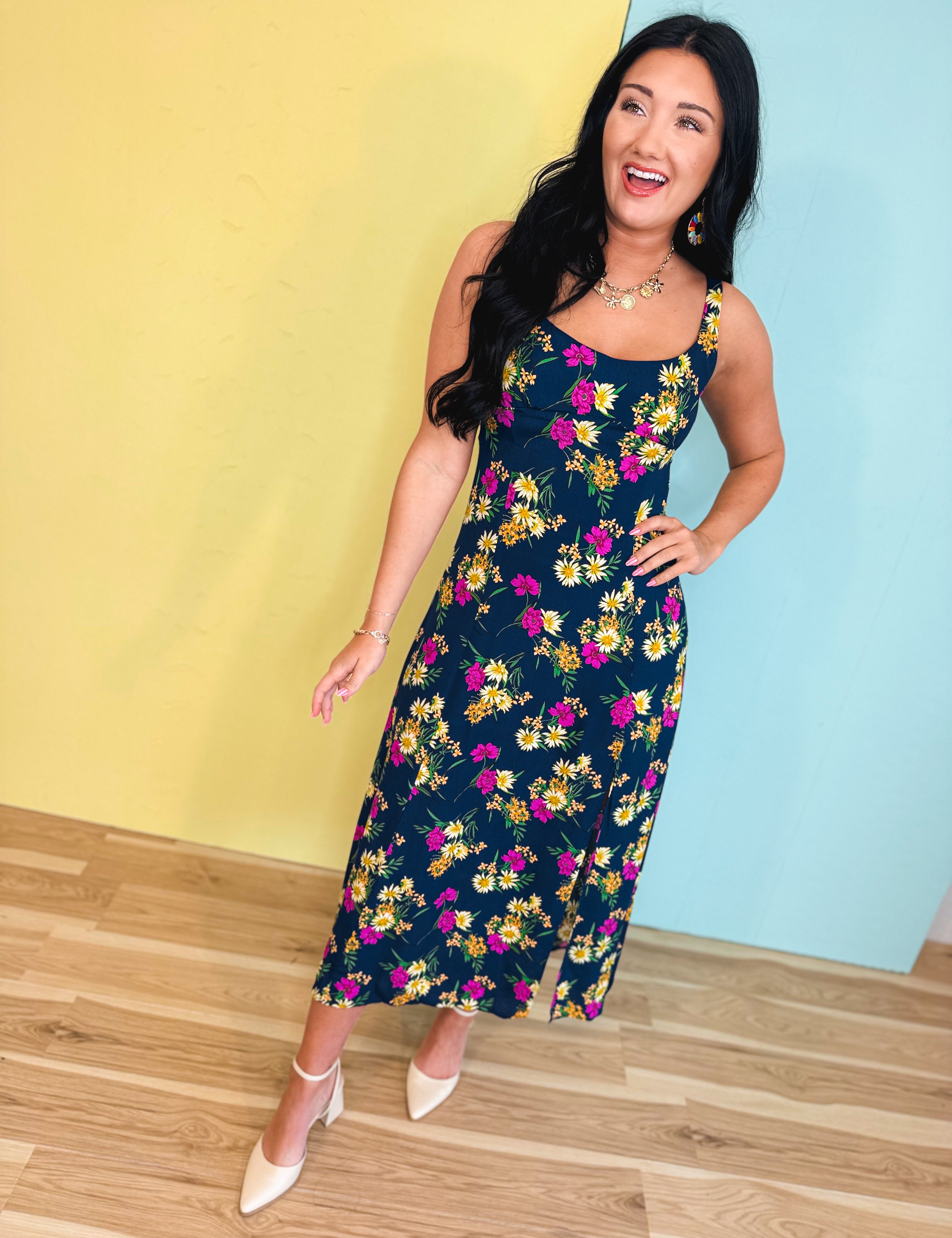 Floral Slit Midi Dress - Parisian Bloom - Lace and Grace Boutique