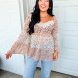 Floral Print Lace Detail Flowy Tiered Blouse - Mocha/Ivory