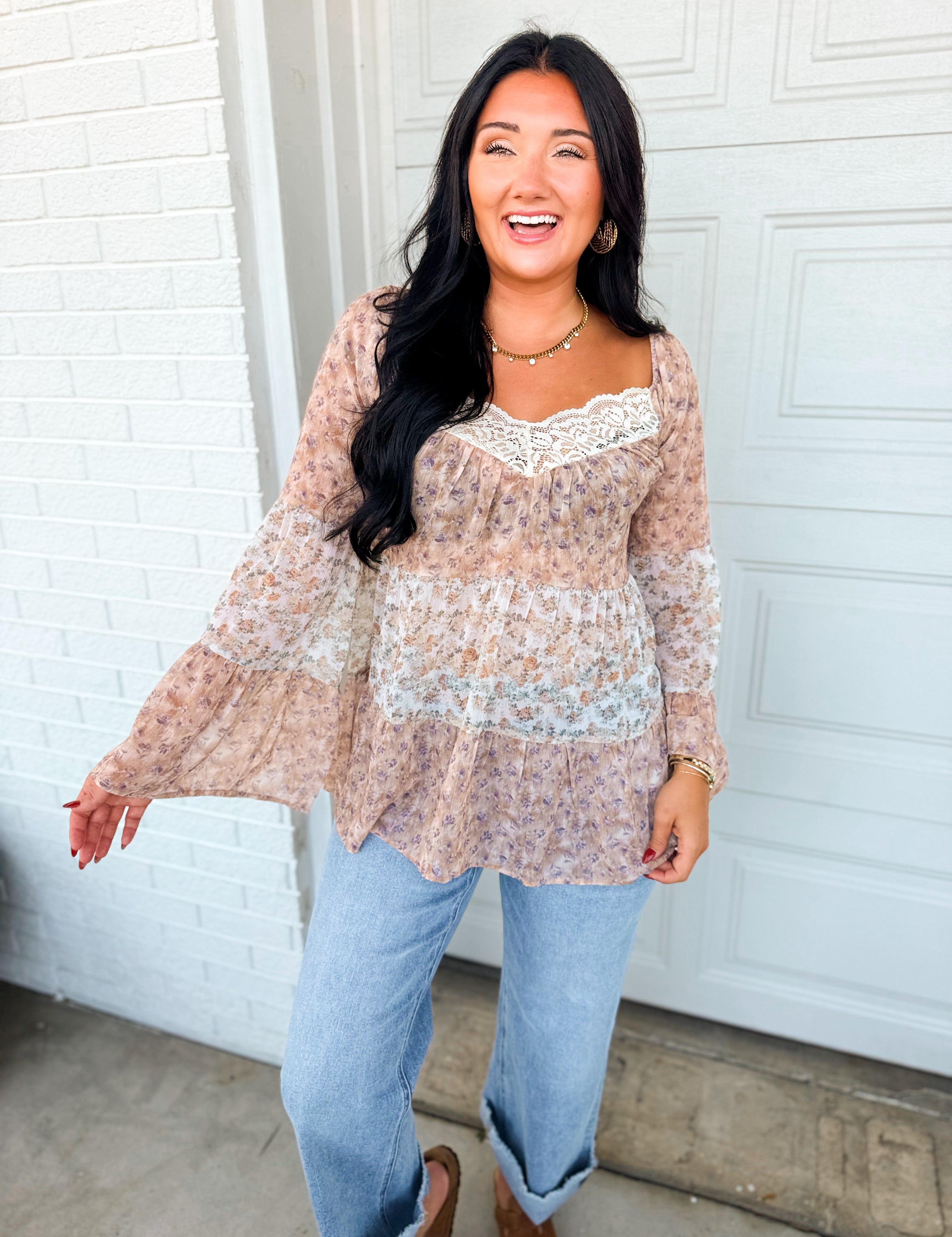 Floral Print Lace Detail Flowy Tiered Blouse - Mocha/Ivory - Lace and Grace Boutique