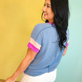 Ribbed Color Block Top - Denim Blue - Lace and Grace Boutique
