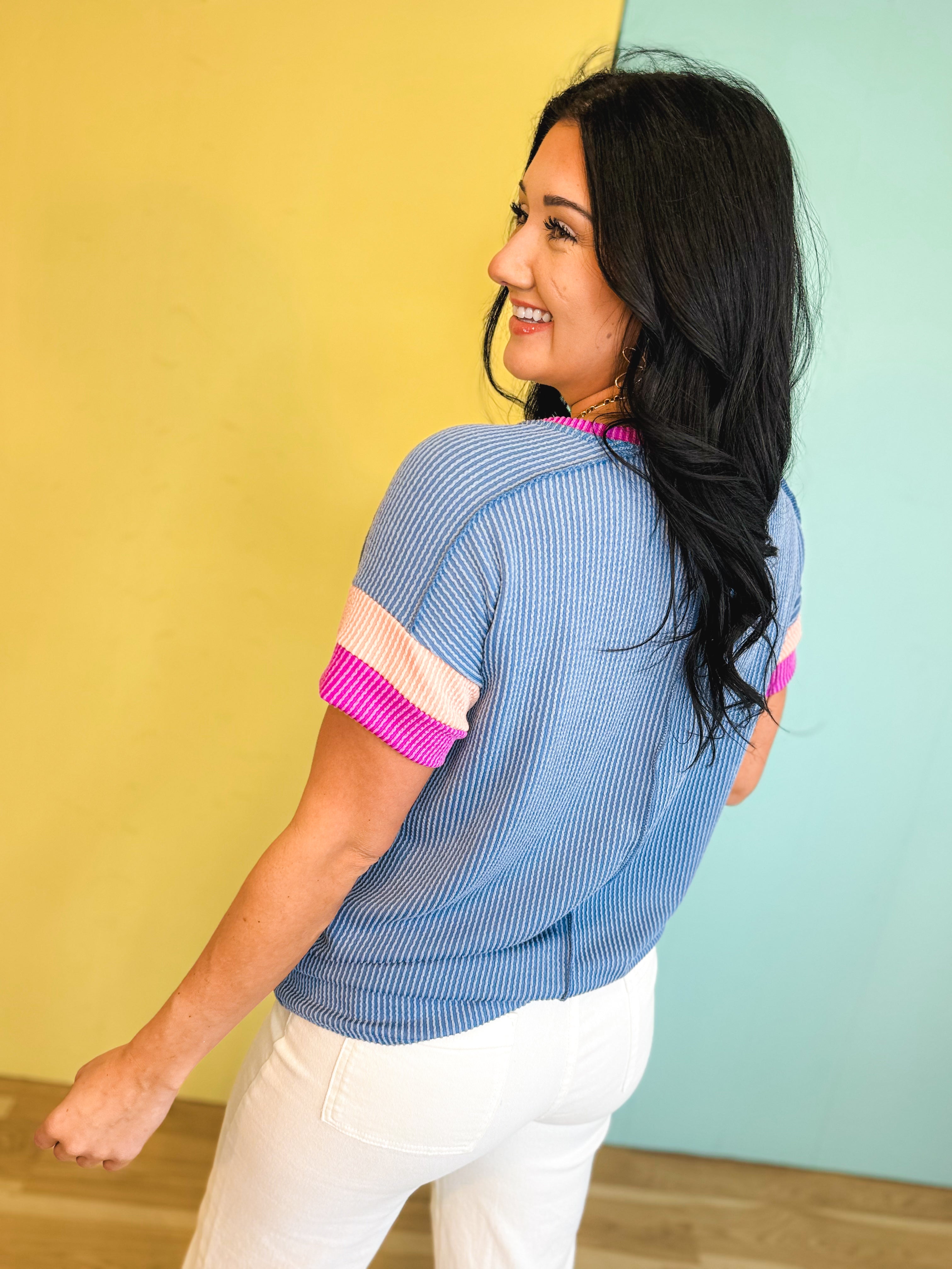 Ribbed Color Block Top - Denim Blue - Lace and Grace Boutique