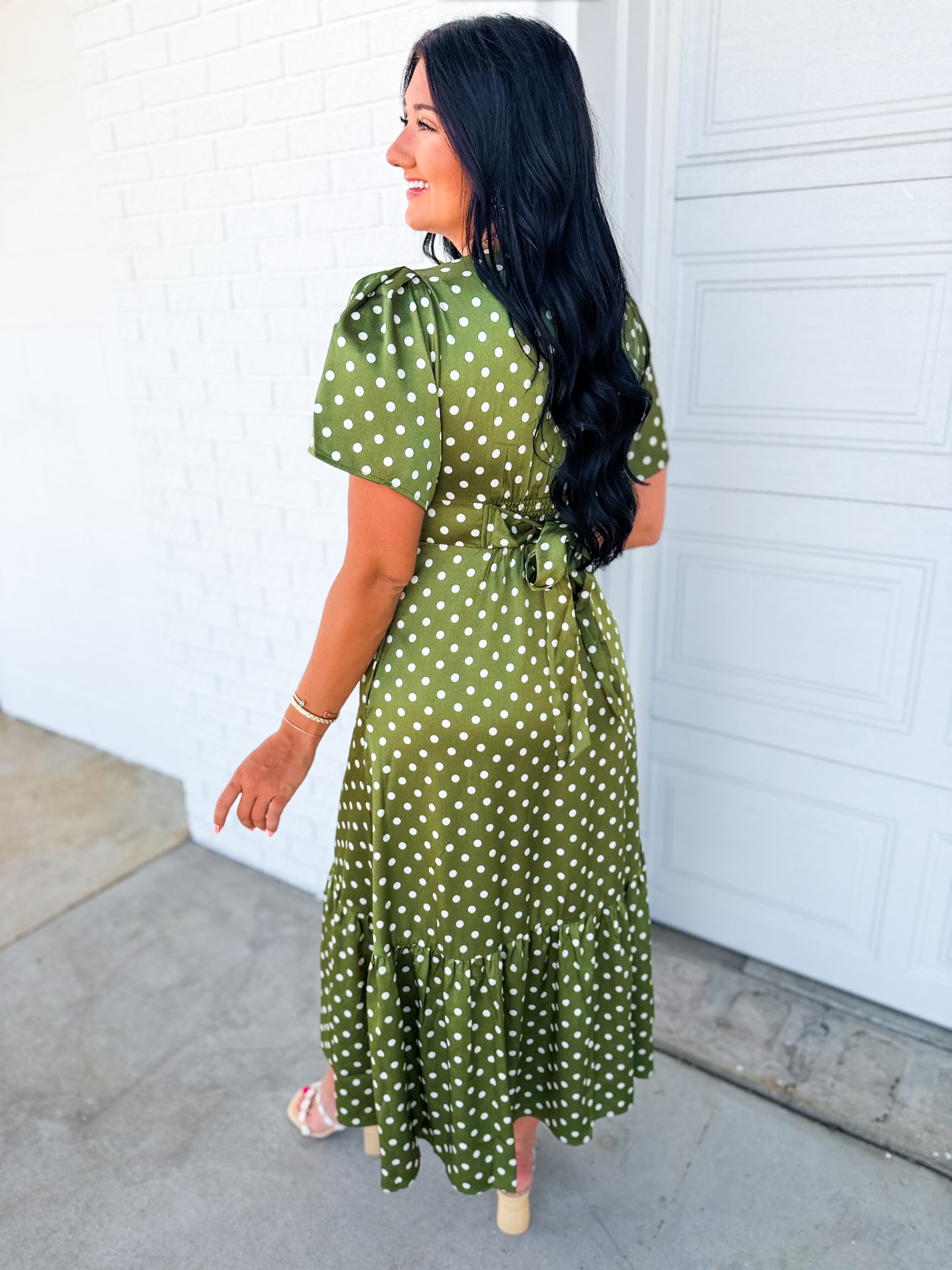 Polka Dot Flutter Sleeve Maxi Dress - Olive - Lace and Grace Boutique