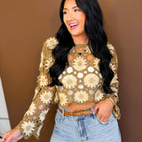 Daisy Crochet Open Knit Cropped Top - Dark Taupe/Beige