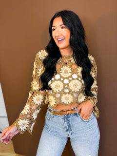 Daisy Crochet Open Knit Cropped Top - Dark Taupe/Beige - Lace and Grace Boutique