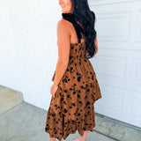Floral Flocked Tiered Midi Dress - Dark Caramel - Lace and Grace Boutique
