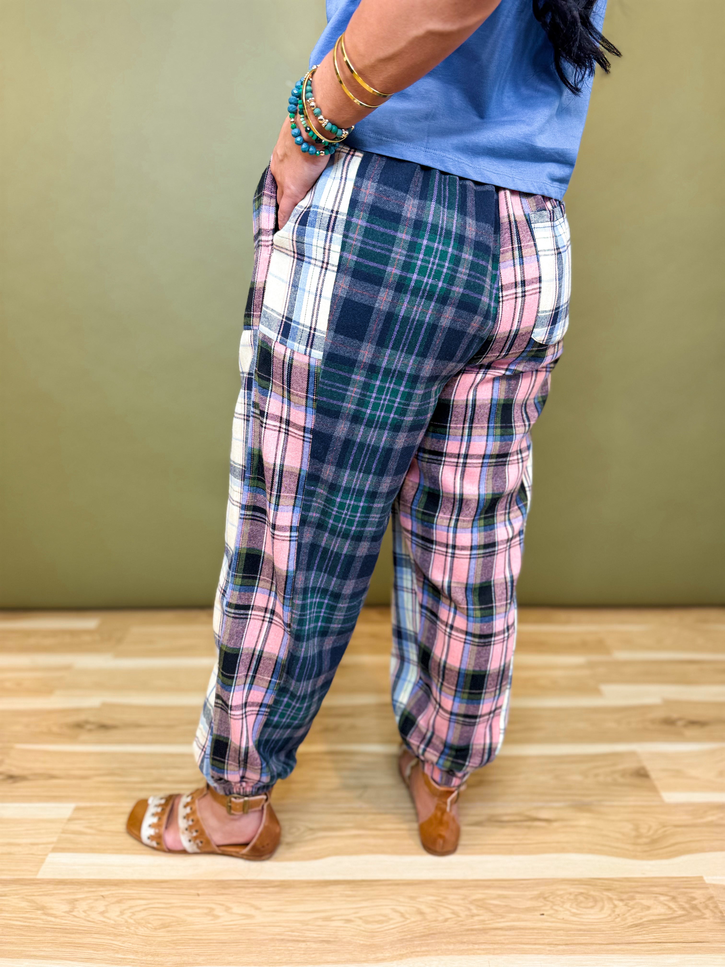 Mixed Plaid Drawstring Pants - Green Multi - Lace and Grace Boutique