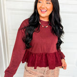 Eyelet Lace Hem Peplum Knit Top - Burgundy