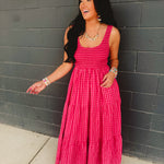 Gingham Smocked Bodice Tiered Maxi Dress - Fuchsia Multi - Lace and Grace Boutique