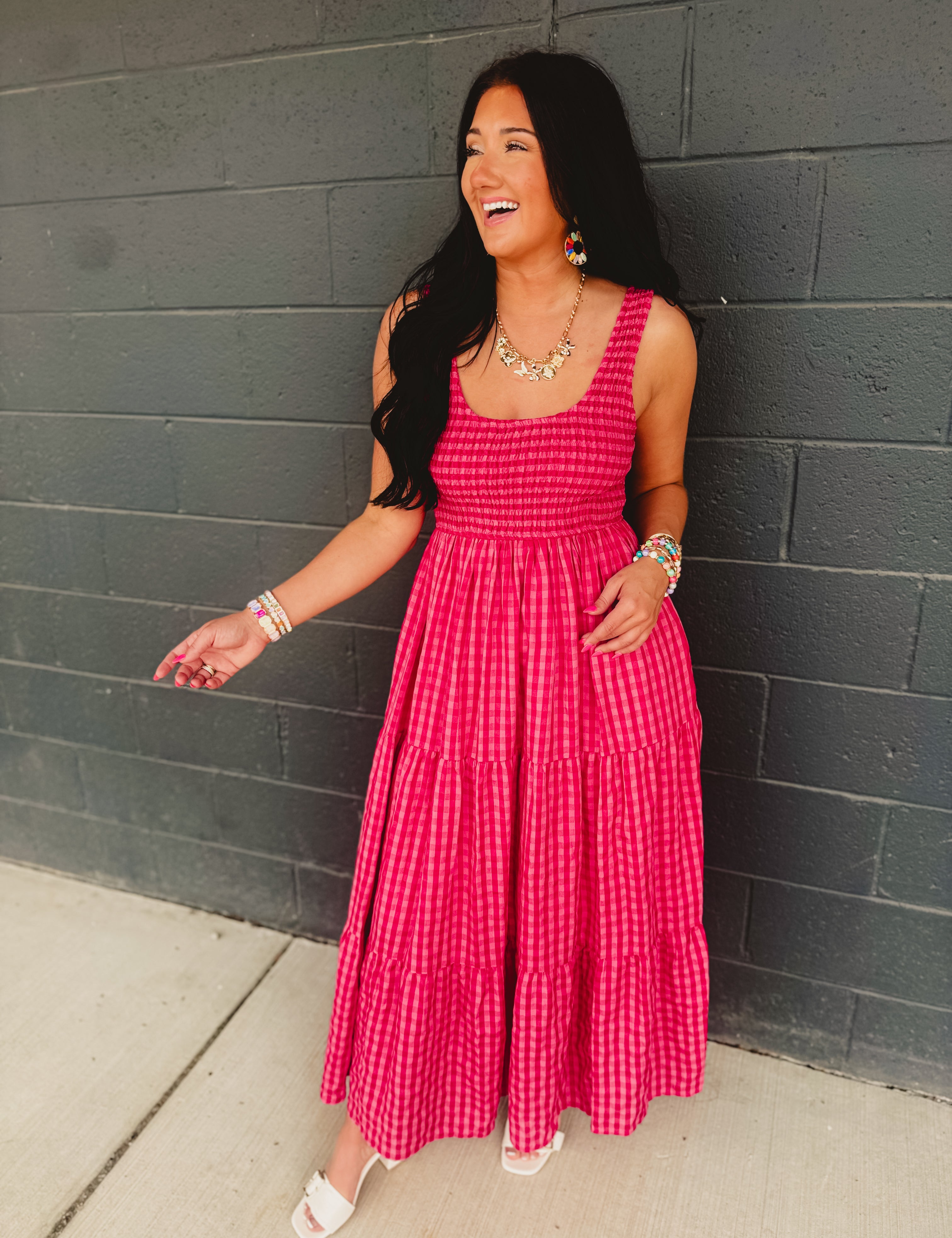 Gingham Smocked Bodice Tiered Maxi Dress - Fuchsia Multi - Lace and Grace Boutique
