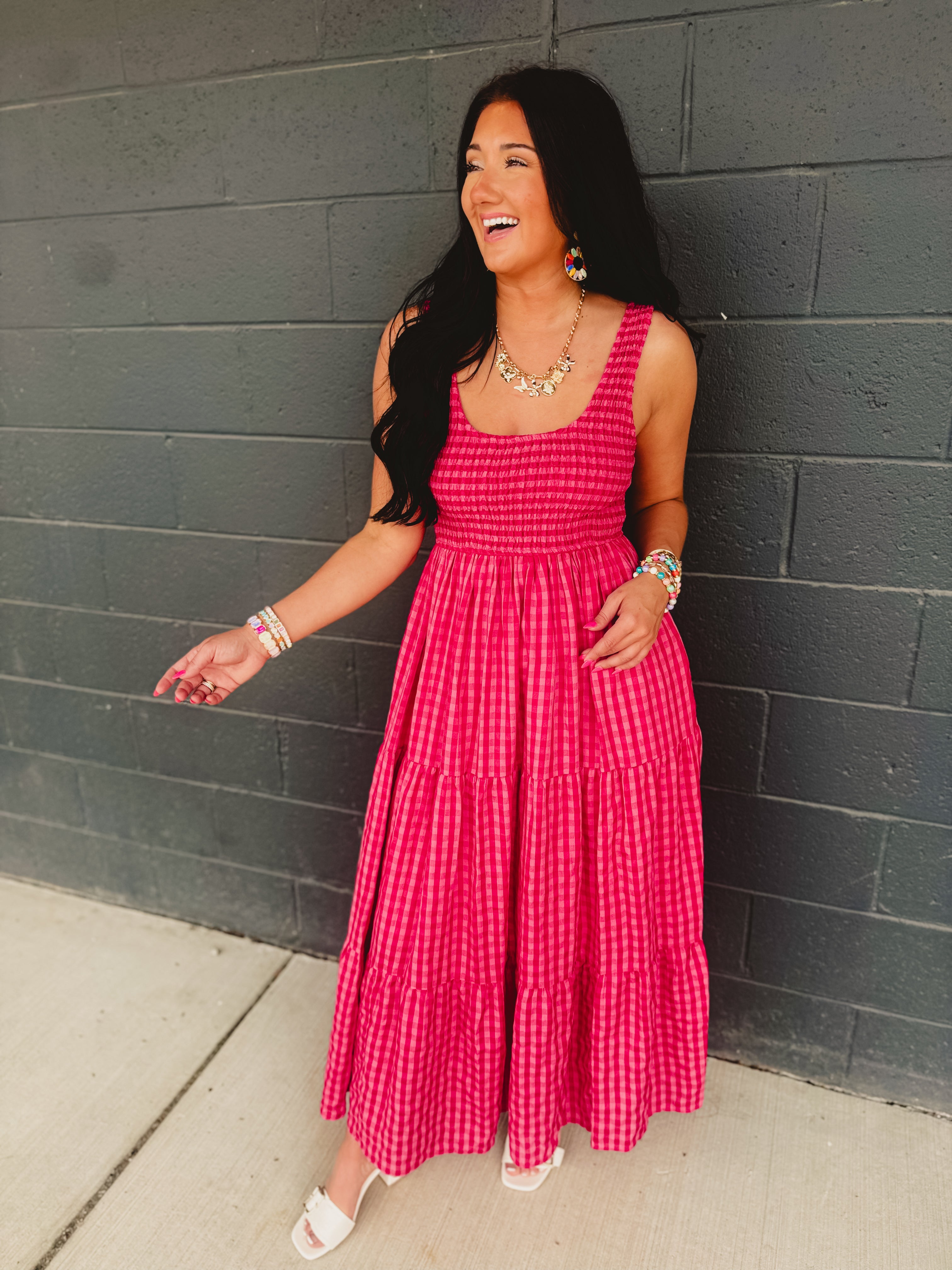 Gingham Smocked Bodice Tiered Maxi Dress - Fuchsia Multi - Lace and Grace Boutique