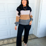 Color Block Knit Pullover Sweater - Black Combo