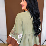 Embroidered Color Block Oversized Blouse - Olive Combo