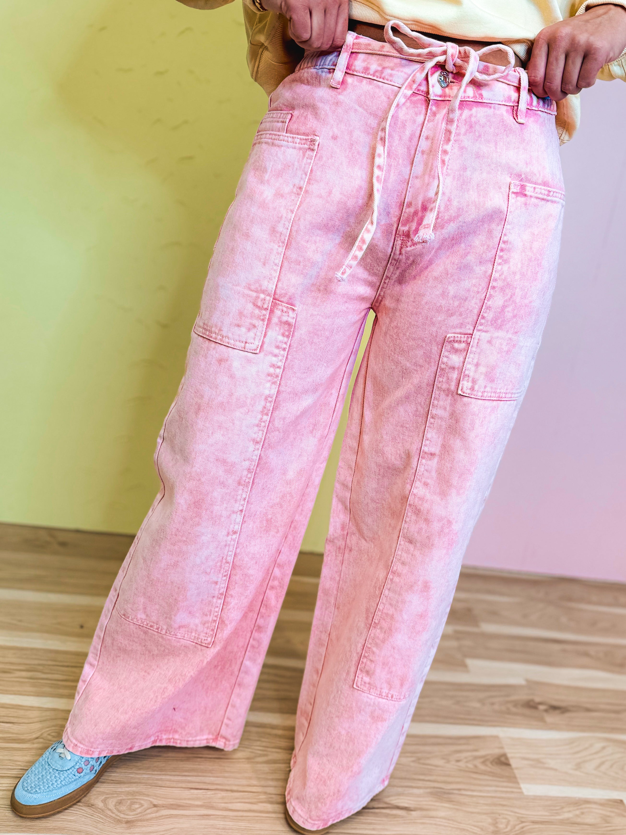 Color Wash Patchwork Wide Leg Pants - Pink - Lace and Grace Boutique