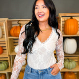 Floral Lace Long Sleeve Bodysuit - Cream