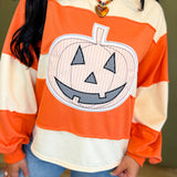 Jack'O'Lantern Patch Striped Pullover Top - Burnt Orange/Cream