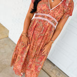 Paisley Print Lace Detail Maxi Dress - Rust Multi