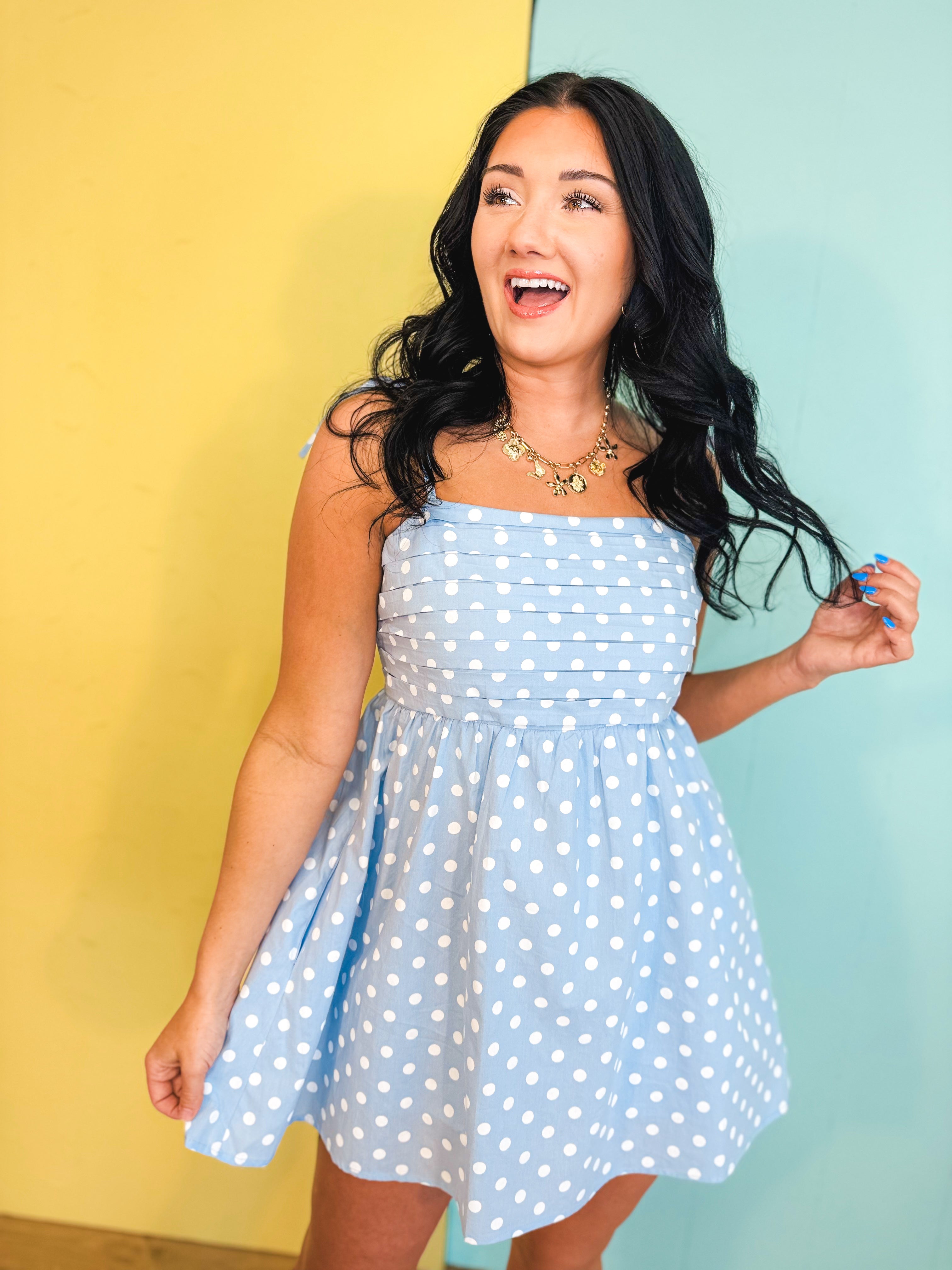 Polka Dot Pleated Mini Dress - Sky/White - Lace and Grace Boutique