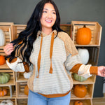 Striped Color Block Quilted Hoodie - Mocha/Taupe - Lace and Grace Boutique
