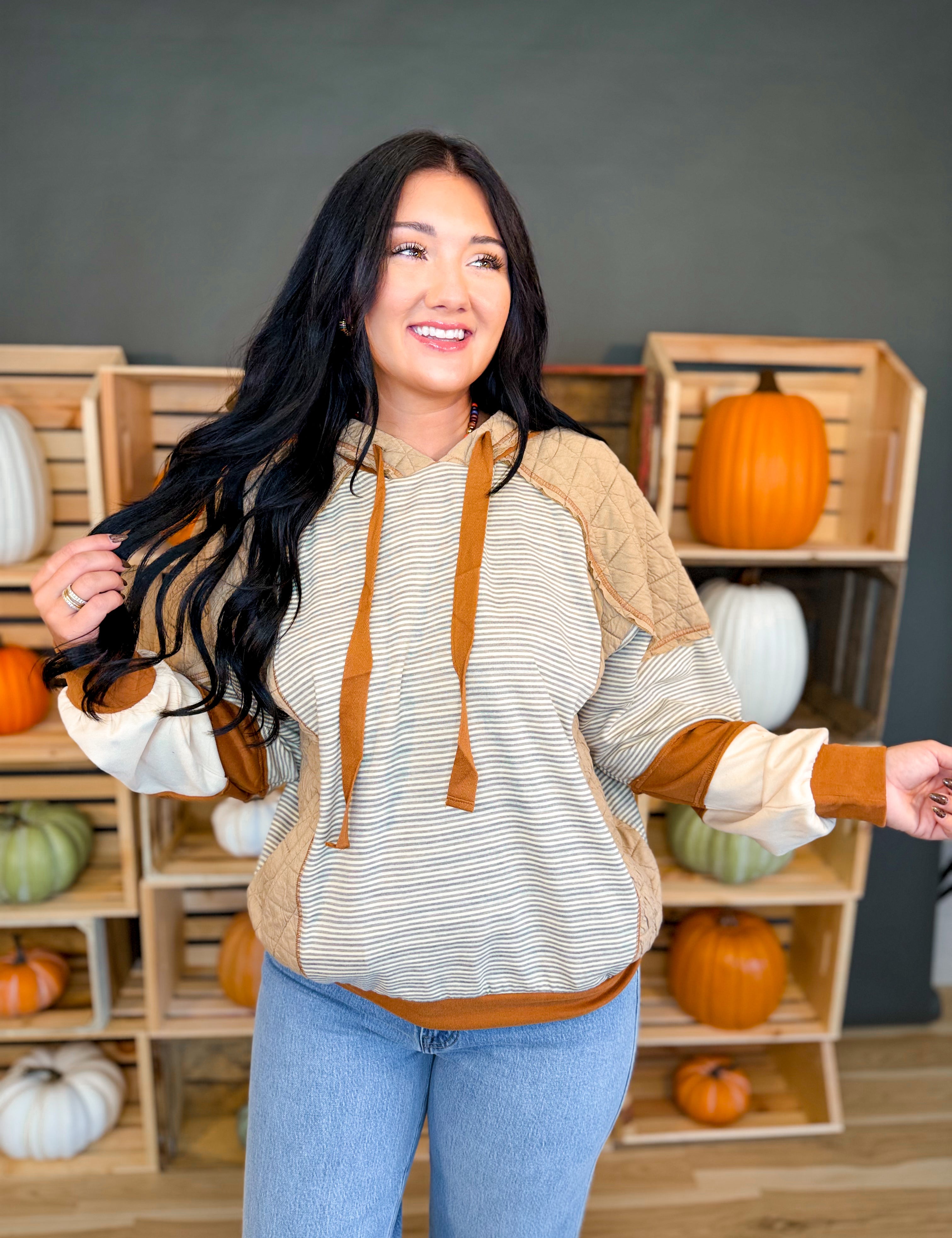 Striped Color Block Quilted Hoodie - Mocha/Taupe - Lace and Grace Boutique