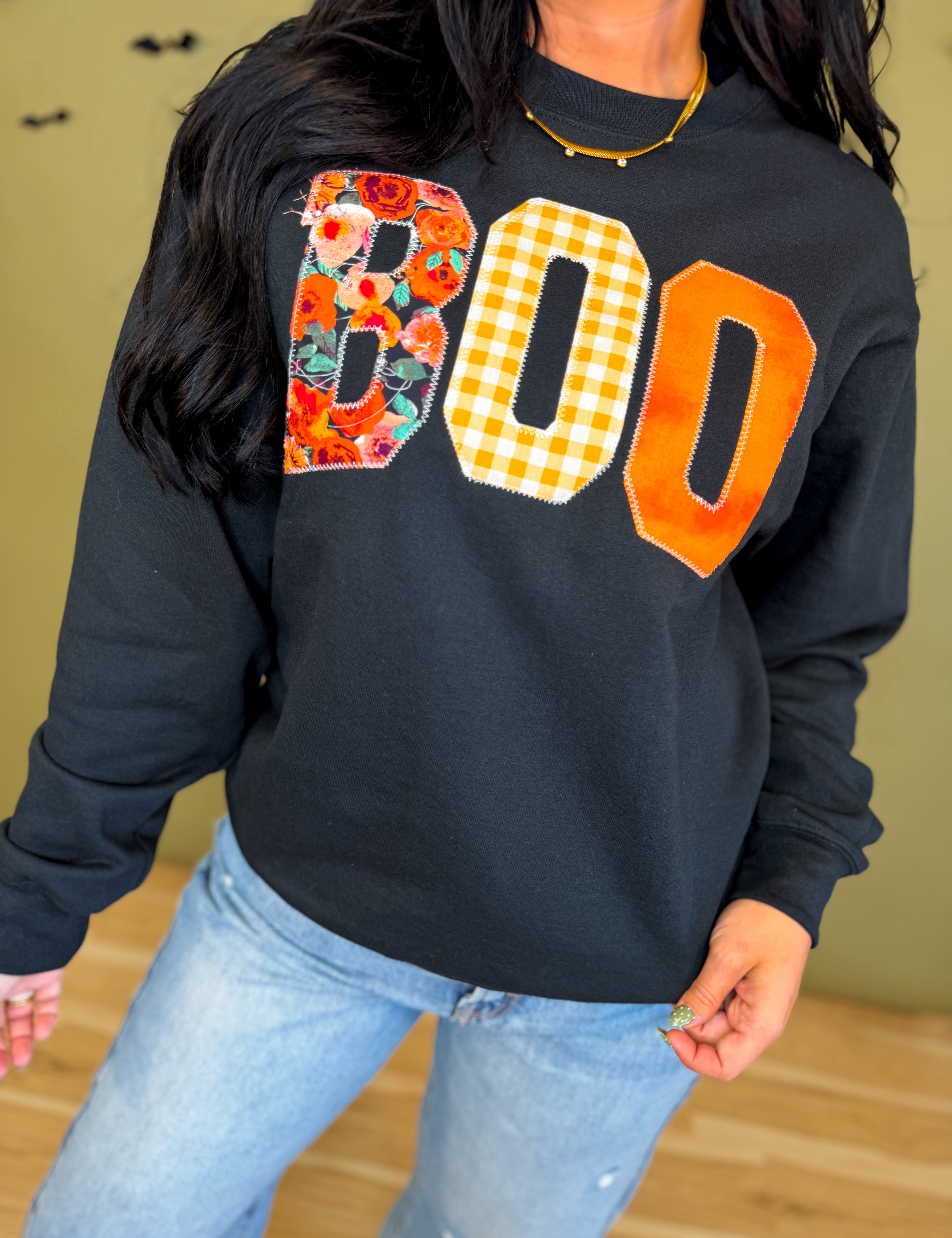 Boo Patchwork Letter Graphic Sweatshirt - Black - Lace and Grace Boutique
