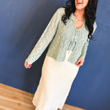 Scalloped Crochet Front Tie Sweater - Dark Sage - Lace and Grace Boutique