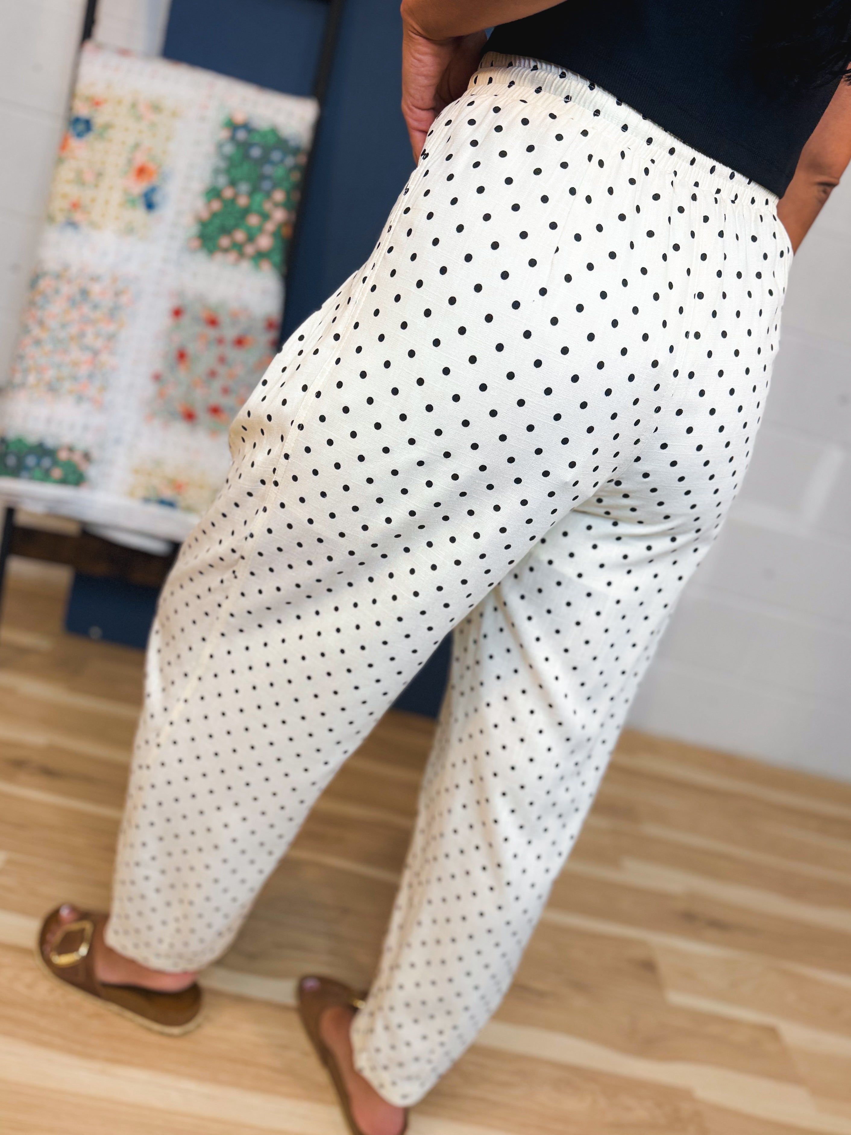 Linen Blend Polka Dot Barrel Leg Pants - Cream - Lace and Grace Boutique