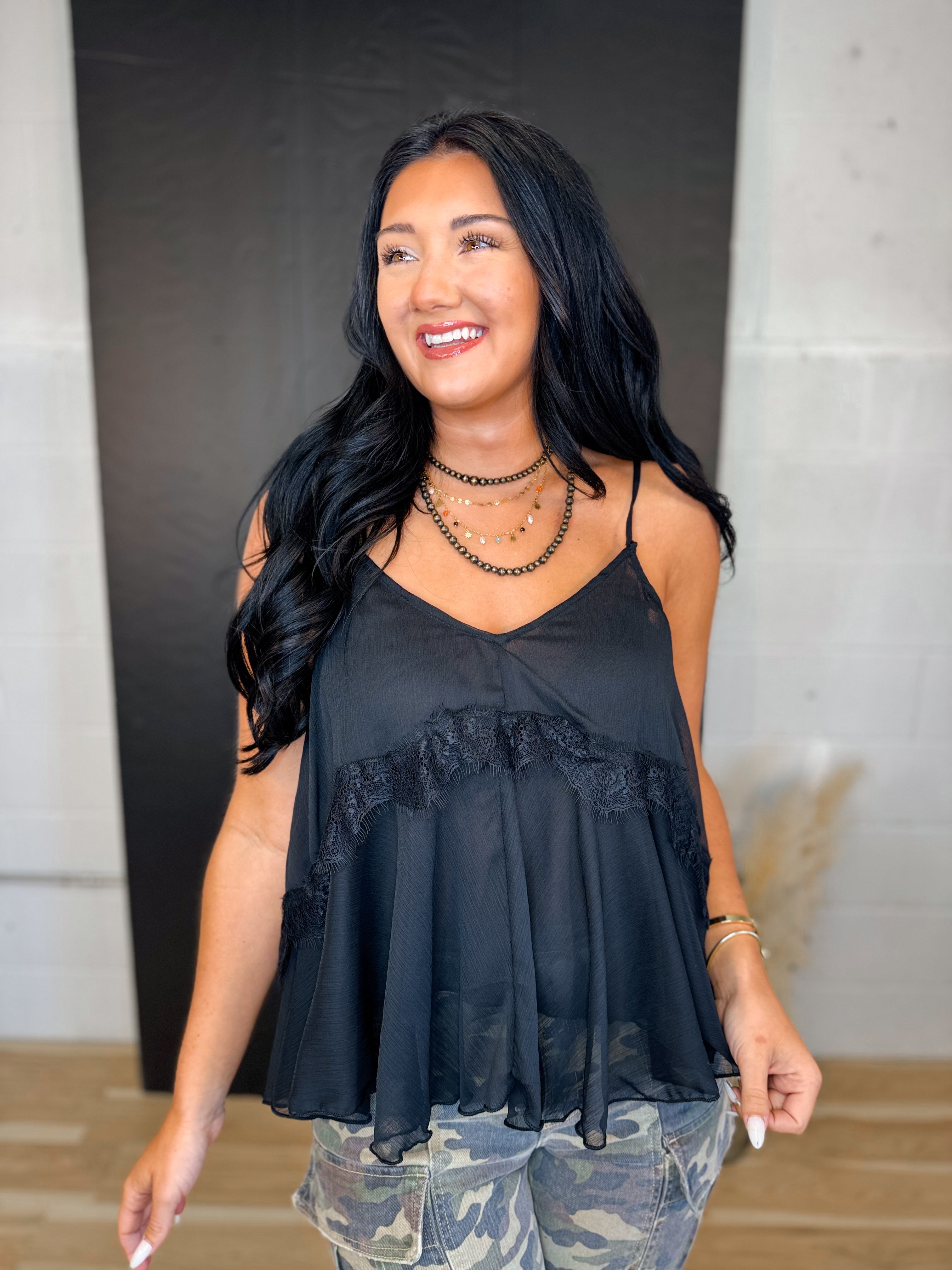 Lace Trim V-Neck Camisole Tank Top - Black - Lace and Grace Boutique