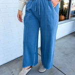 Pigment Wash French Terry Wide Leg Pants - Dusty Blue - Lace and Grace Boutique