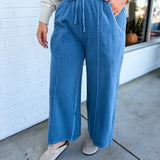 Pigment Wash French Terry Wide Leg Pants - Dusty Blue - Lace and Grace Boutique