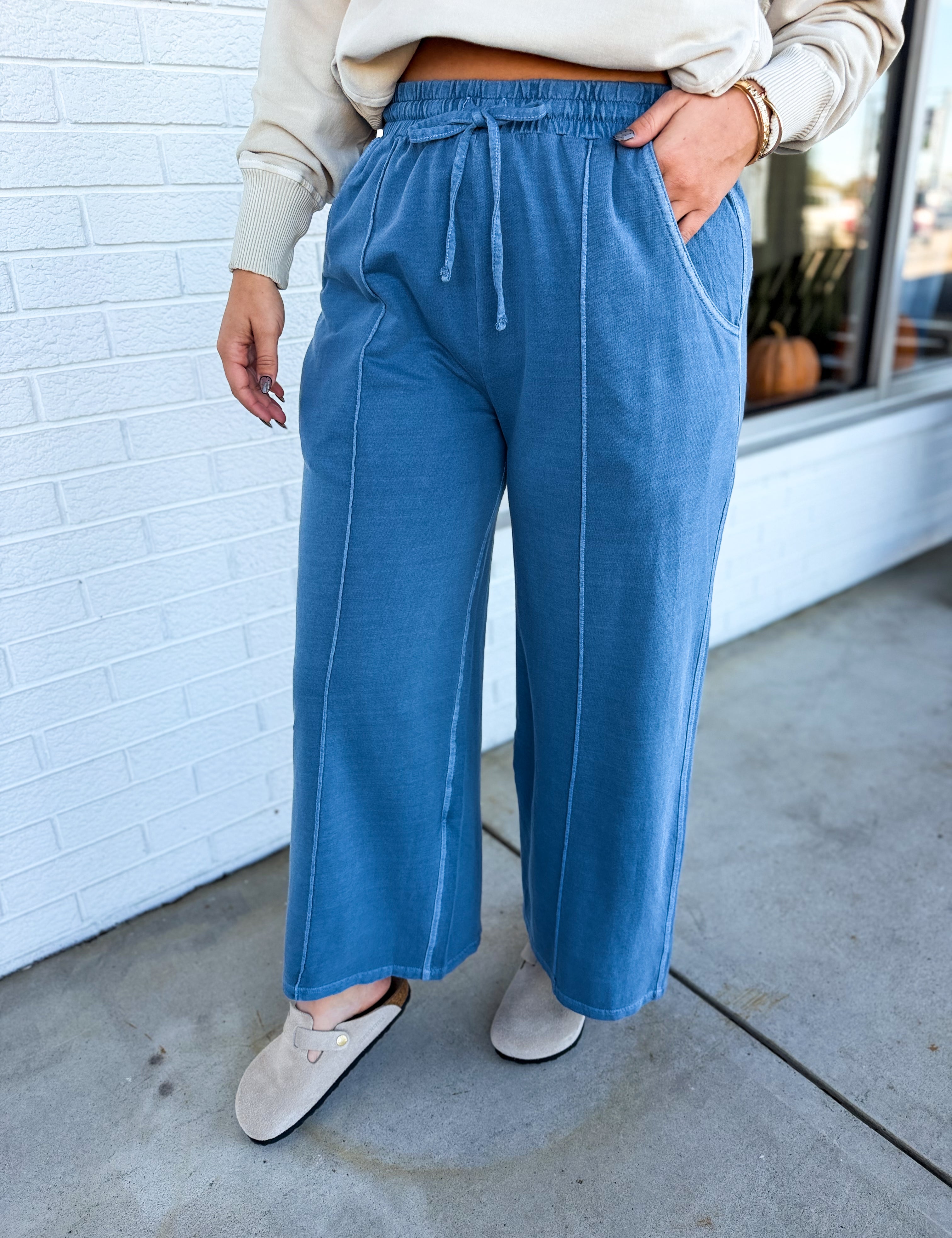 Pigment Wash French Terry Wide Leg Pants - Dusty Blue - Lace and Grace Boutique