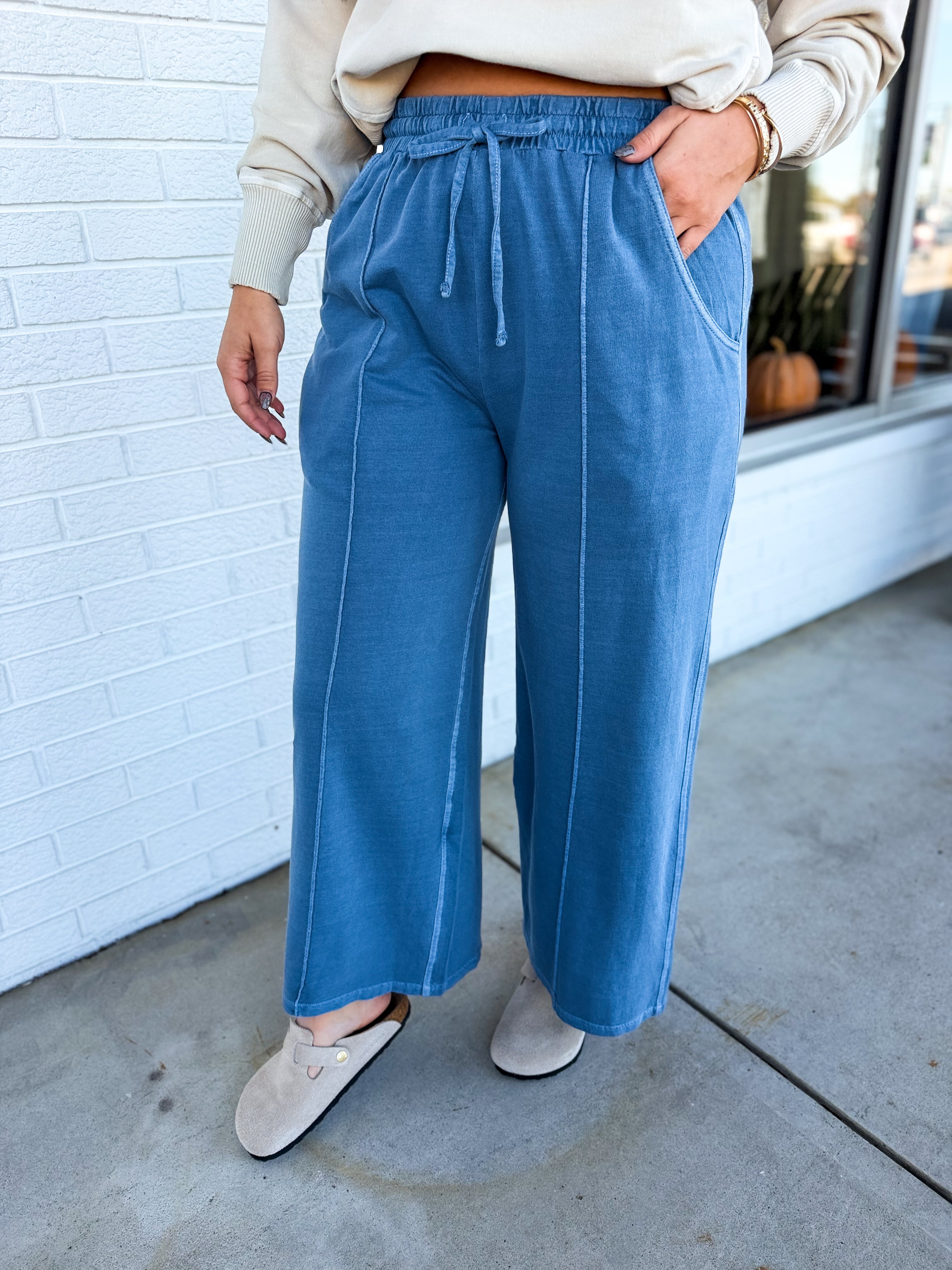 Pigment Wash French Terry Wide Leg Pants - Dusty Blue - Lace and Grace Boutique