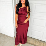 Satin One Shoulder Ruched Maxi Dress - Burgundy