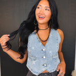 Star Printed Button Front Denim Vest - Denim Blue - Lace and Grace Boutique