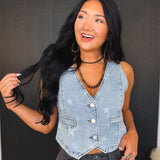 Star Printed Button Front Denim Vest - Denim Blue - Lace and Grace Boutique