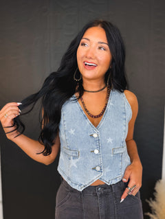 Star Printed Button Front Denim Vest - Denim Blue - Lace and Grace Boutique