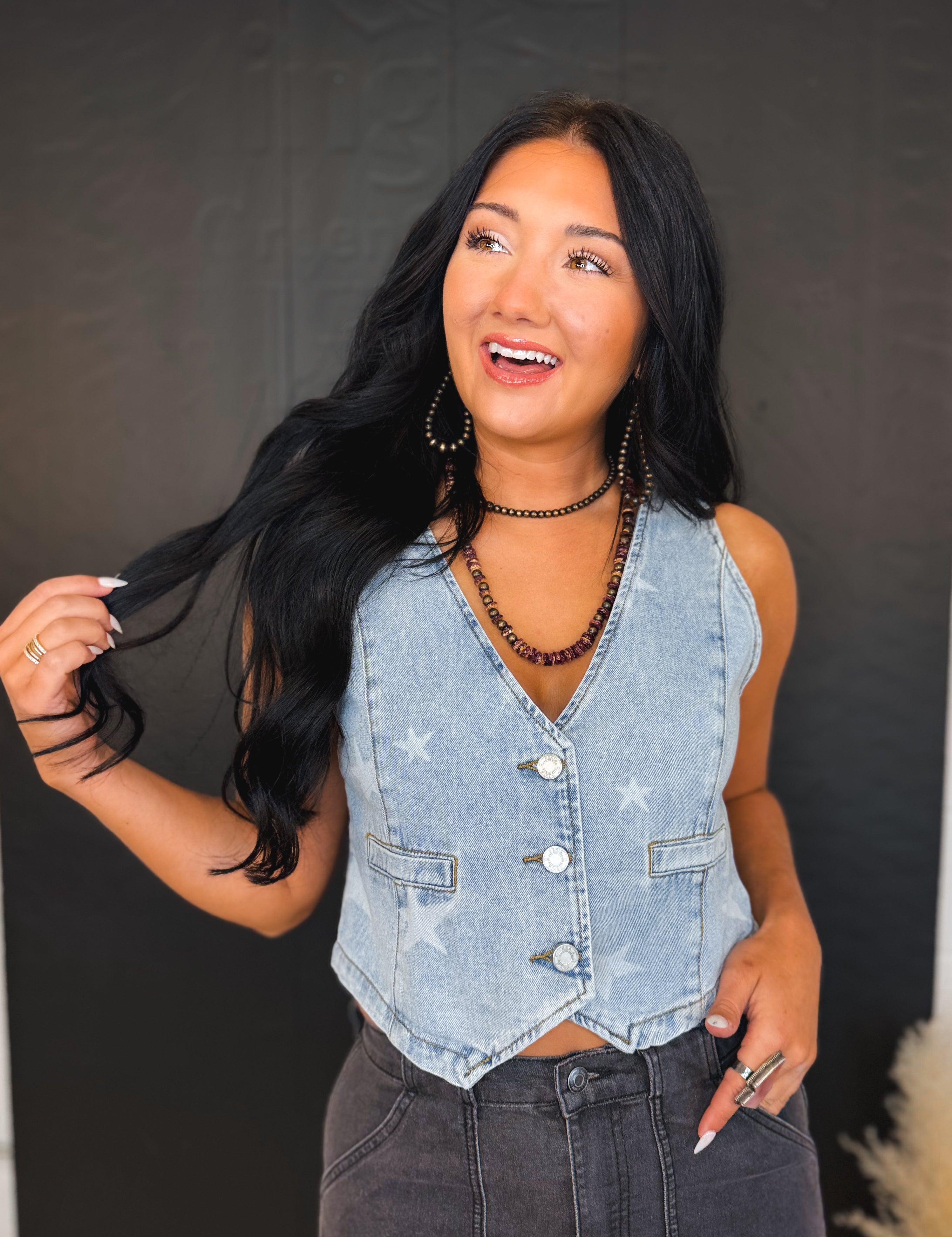Star Printed Button Front Denim Vest - Denim Blue - Lace and Grace Boutique