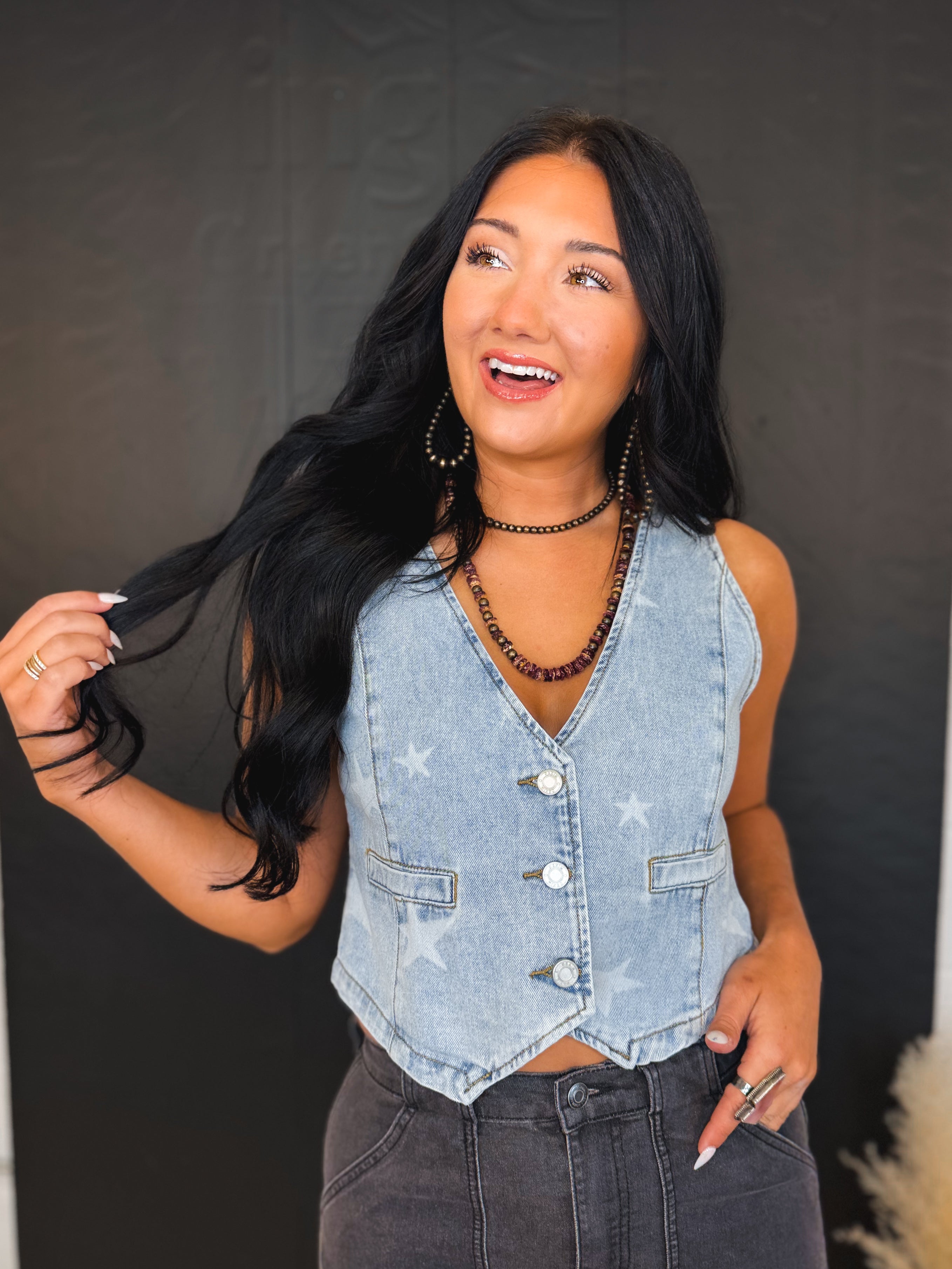 Star Printed Button Front Denim Vest - Denim Blue - Lace and Grace Boutique