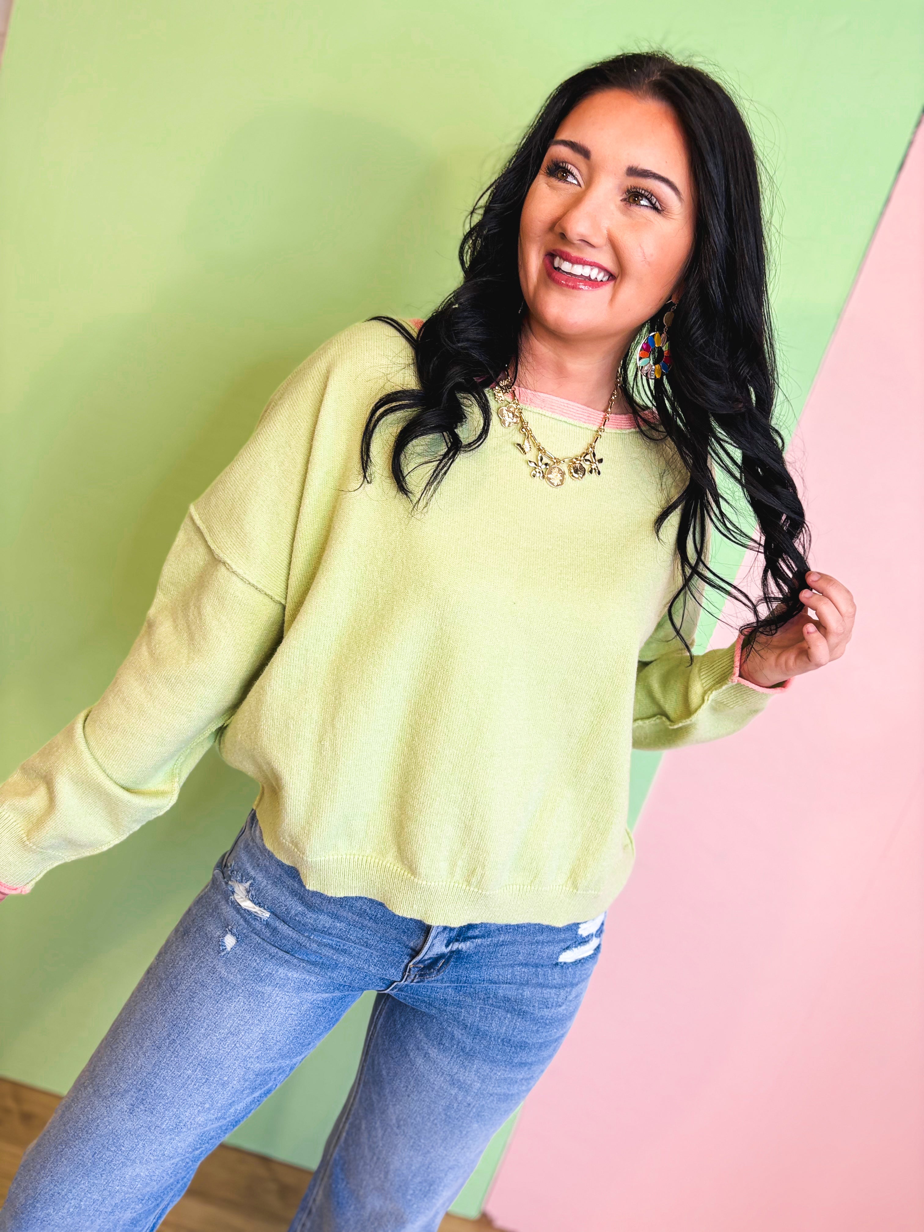 Contrast Edge Boat Neck Sweater - Matcha/Melon - Lace and Grace Boutique