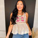 Embroidered Peplum Crochet Sweater Tank - Hot Pink Combo - Lace and Grace Boutique