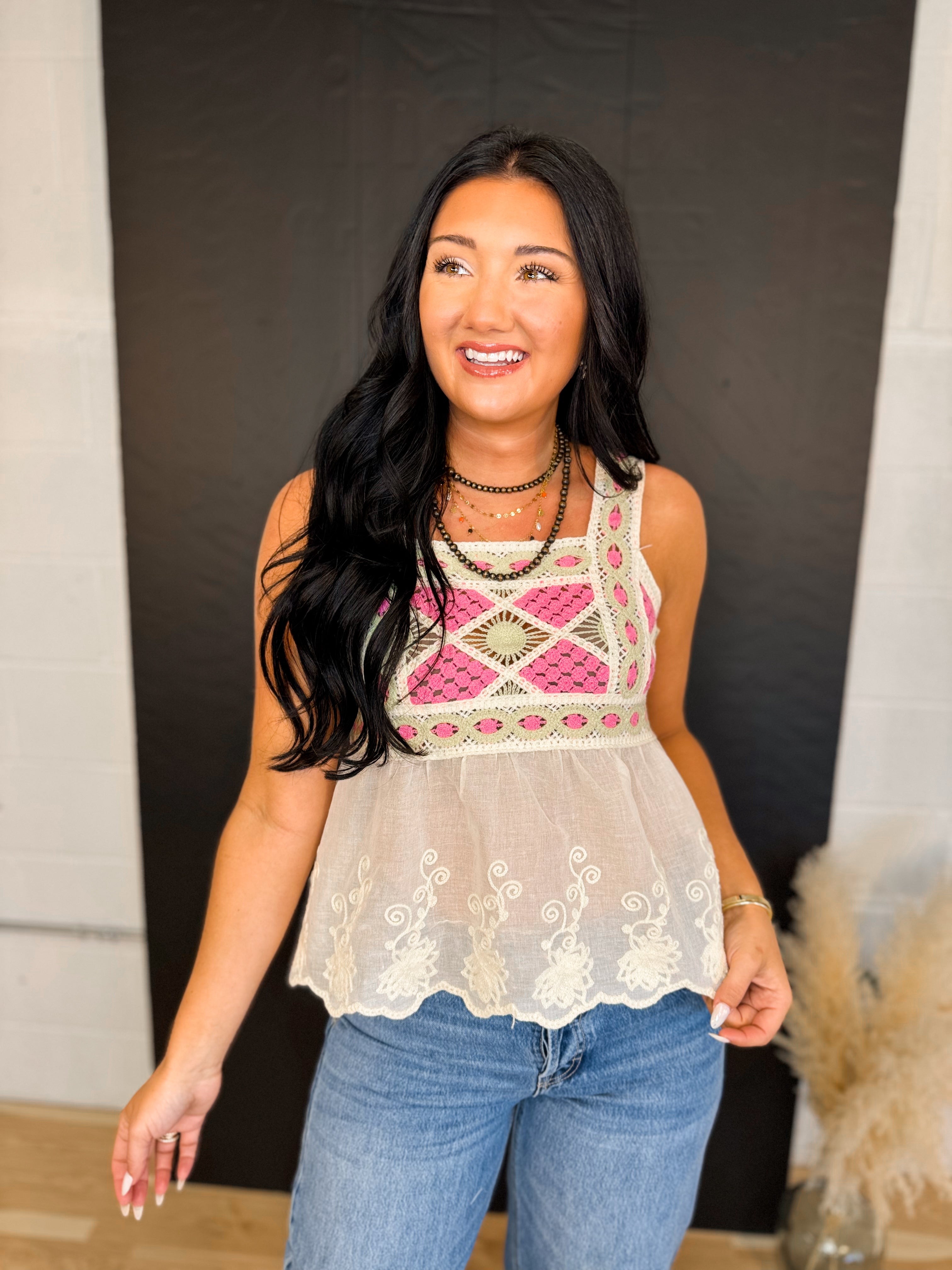 Embroidered Peplum Crochet Sweater Tank - Hot Pink Combo - Lace and Grace Boutique