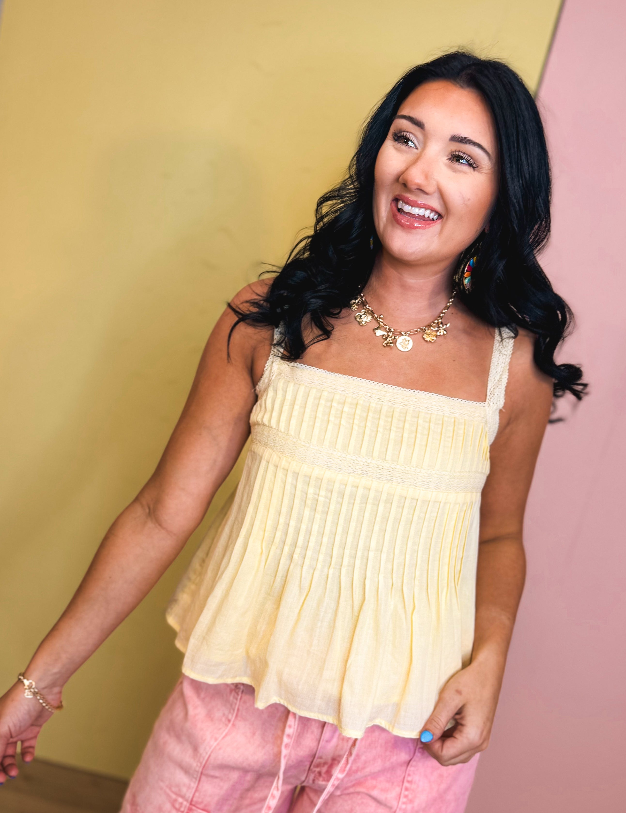 Pintuck Pleated Tank - Lemon Water - Lace and Grace Boutique