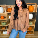 Polka Dot Printed Flowy Sheer Blouse - Mocha - Lace and Grace Boutique