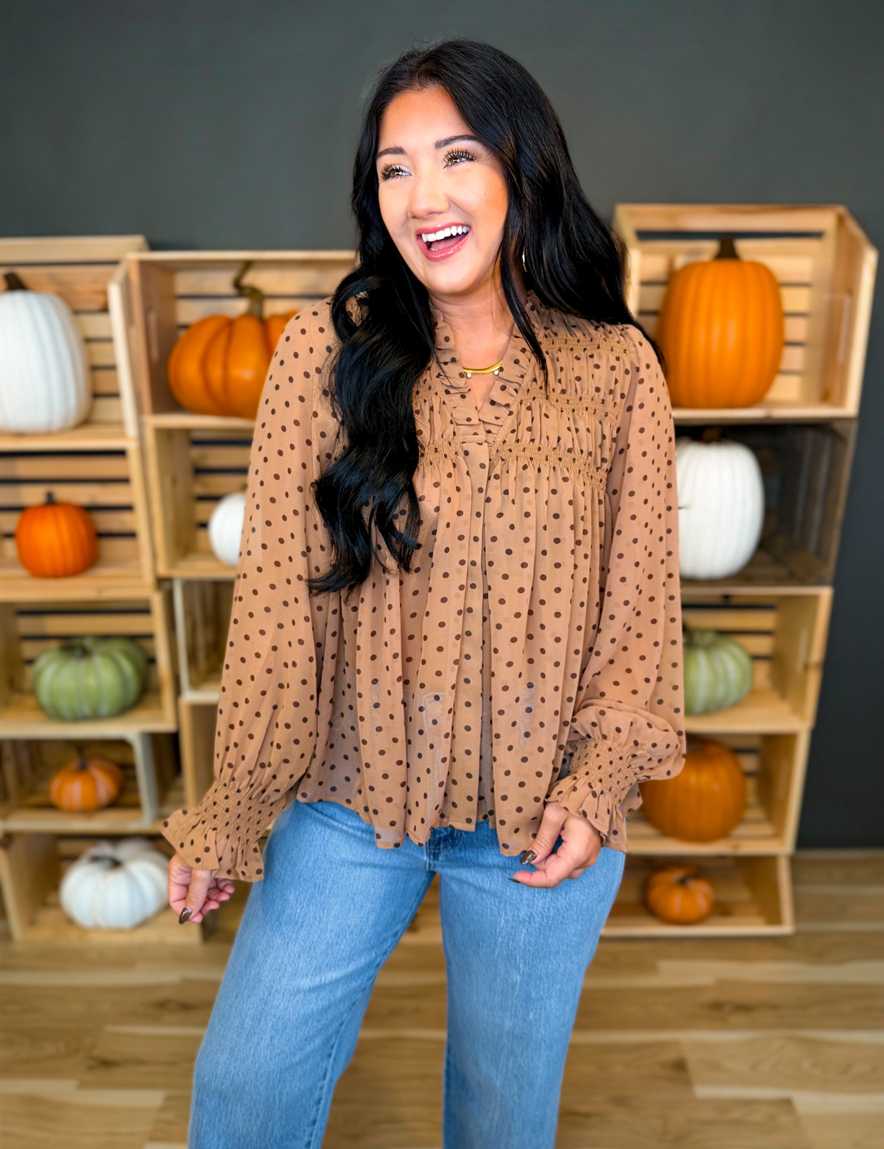 Polka Dot Printed Flowy Sheer Blouse - Mocha - Lace and Grace Boutique
