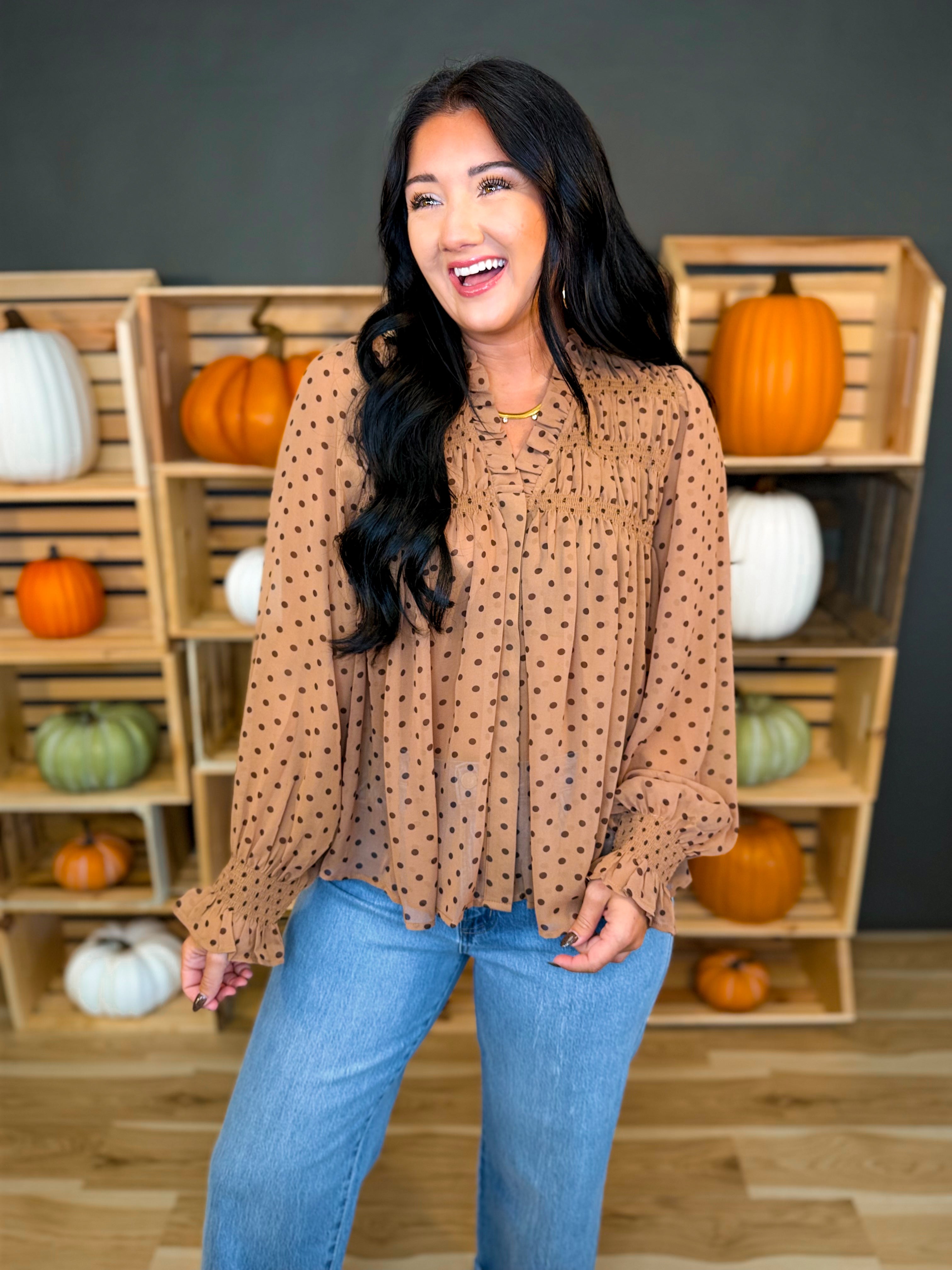 Polka Dot Printed Flowy Sheer Blouse - Mocha - Lace and Grace Boutique