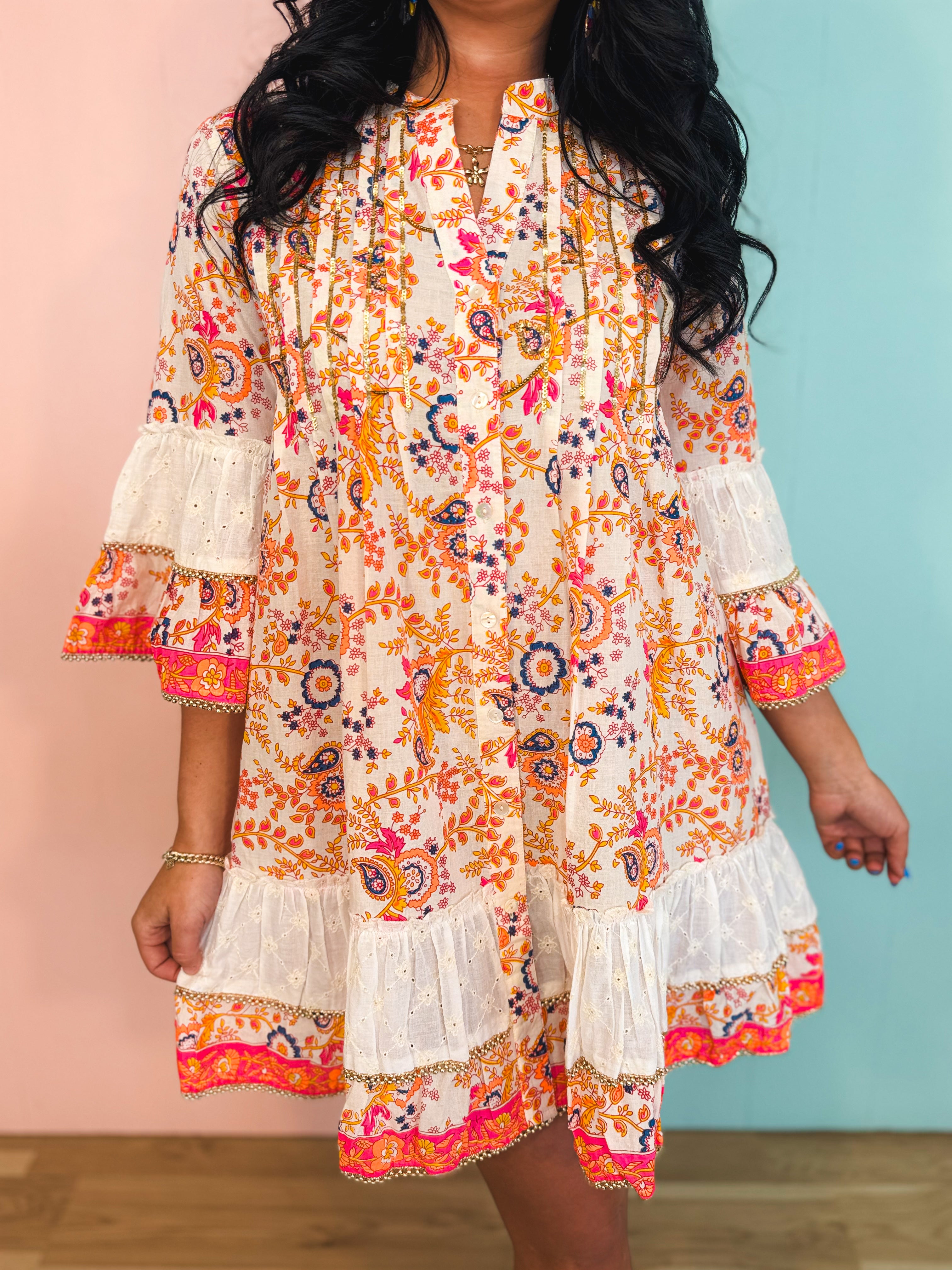 POL Paisley Beaded Mandarin Dress - Ivory/Orange Multi - Lace and Grace Boutique